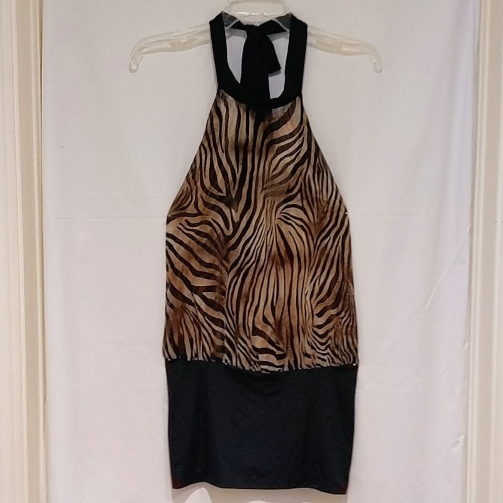 Monamel Los Angeles - Vintage Sheer Brown/Black Zebra High Neck Halter Top